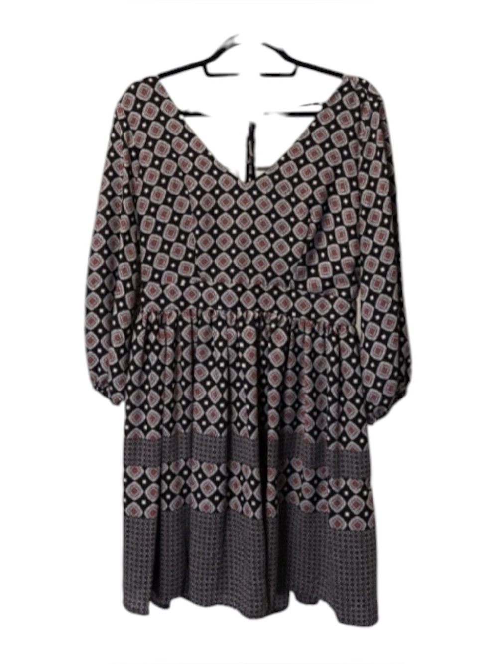 Black Patterned V-Neck Tiered Women's Dress